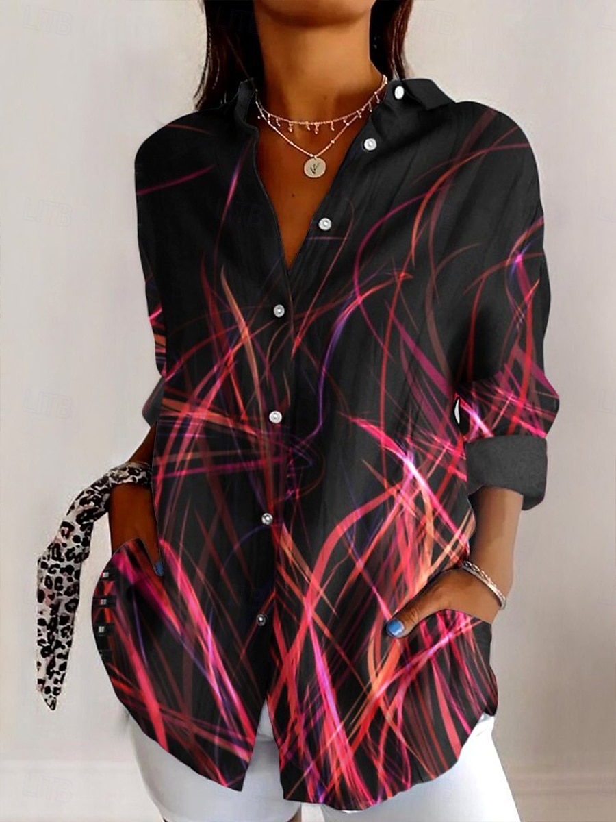 Per donna Camicia Bottoni Stampato Geometrico Elegante Moderno Casual Manica Lunga Colletto a Camicia Top Regolari Quotidiano Blu Rosso Viola Autunno Inverno del 2026 a $32.99 –P1