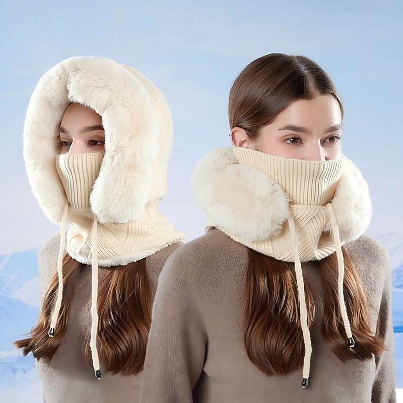 3-in-1 pipo, kaulanlämmitin, kasvosuojus, lämmin fleecevuorilla varustettu neulottu korvasuoja, naisille, ulkokäyttöön, kylmään säähän, viihtyisä, kokopäähine hiihtoon ja pyöräilyyn 2026 - $21.99 –P1