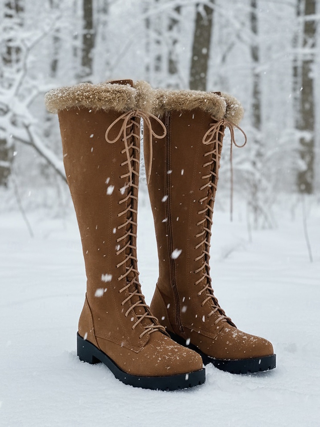 Women's Brown Lace-Up Fur Lined Boots - Knee-High Winter Boots with Warm Faux Fur Collar for Outdoor Snow and Holiday Wear 2026 - $64.99 –P6