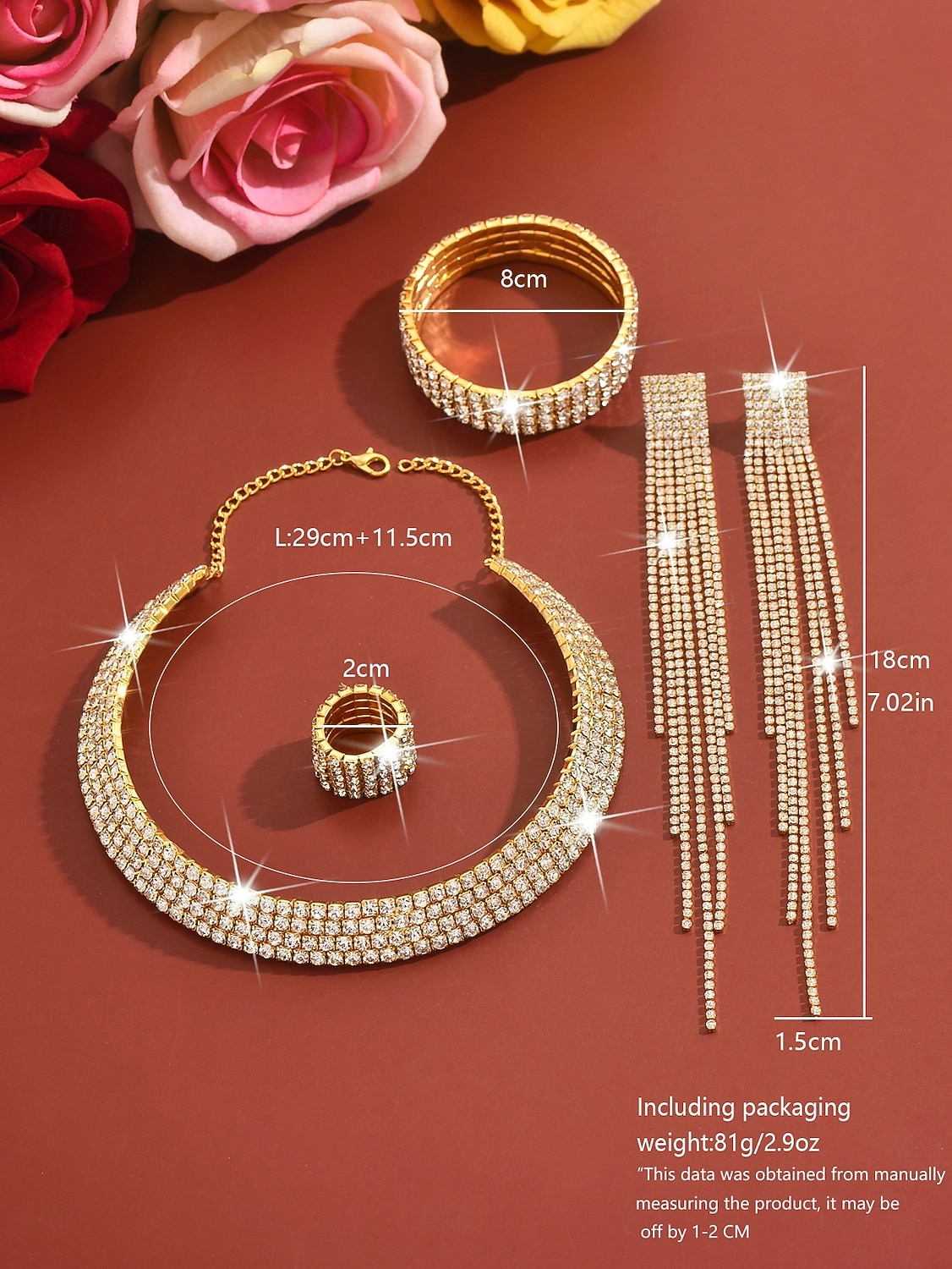 Женский комплект украшений из золота со стразами: сверкающее колье, серьги, браслет &набор колец для коктейльных вечеринок, свадеб и официальных мероприятий 2026 - $19.99 –P1