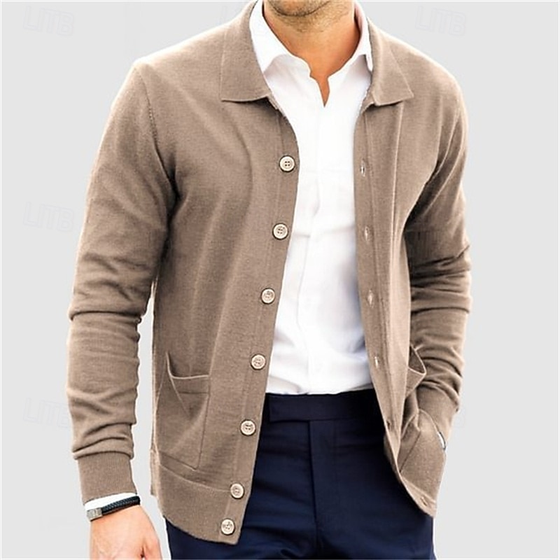 Men's Sweater Cardigan Sweater Ribbed Knit Regular Tops Knitted Plain Turndown Vacation Fashion Casual Office Clothing Apparel Spring &  Fall Navy Blue S M L 2026 - $36.99 –P1
