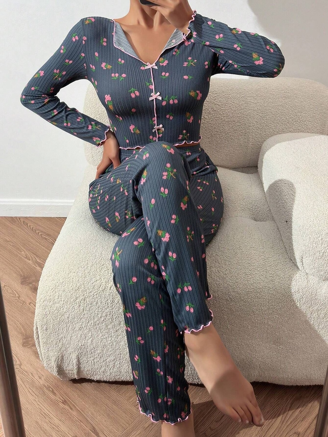 Damen Schlafanzug Set Lässig Komfort Blumen Elastischer Bund Hose Heim Täglich Langarm V Ausschnitt Blau Schwarz Weiß Rosa Frühling Herbst Normale Passform 2026 - $19.99 –P14