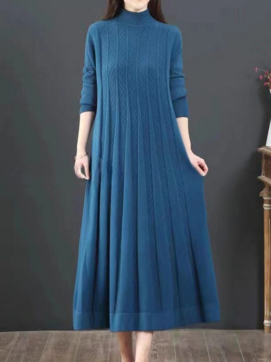 Damen Pullover Kleid Elegant Lässig Weich Einfarbig Gerippt Rollkragen Gestrickt Langarm Lange Oberteile Stricken Outdoor Täglich Wochenende Blau Schwarz Herbst Winter 2026 - $41.99 –P1