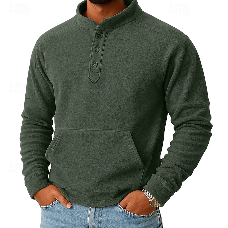 Men's Sweatshirt Fleece Sweatshirt Button Up Hoodie Black Dark Green Khaki Coffee Gray Henley Plain Patchwork Kangaroo Pocket Sports & Outdoor Casual Daily Streetwear Cool Sportswear Fall Winter 2026 - $28.99 –P5