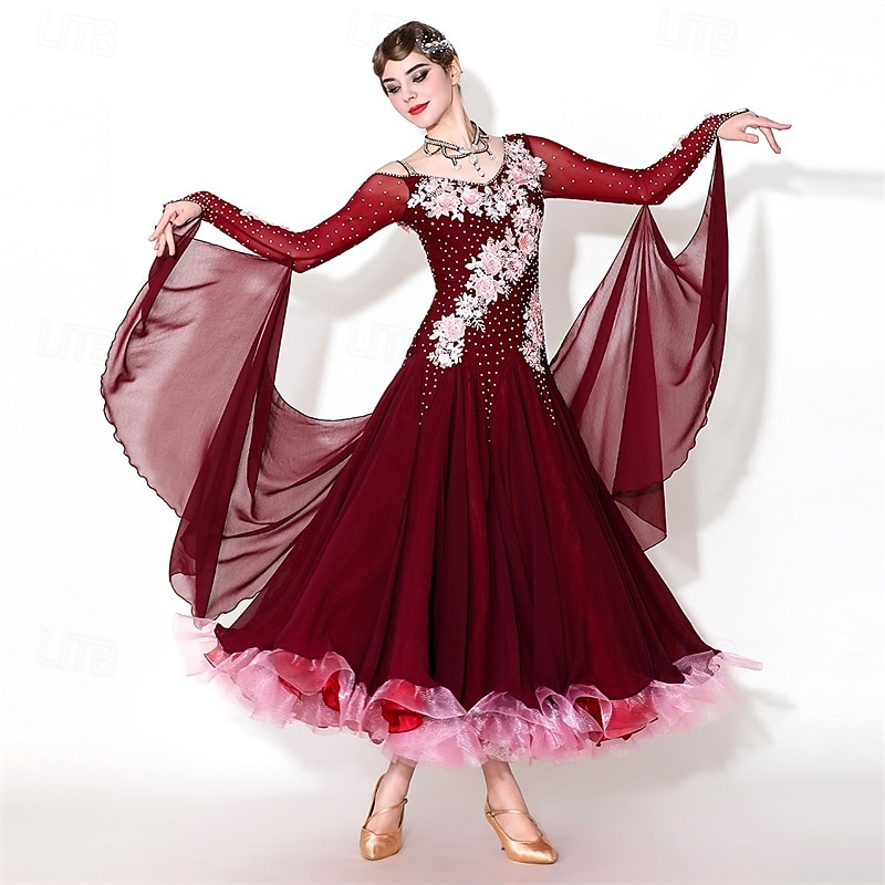 Women's Elegant Ballroom Dance Dress Rhinestone Floral Applique Waltz Tango Modern Rumba Competition Performance Gown Maroon 2026 - $434.59 –P5