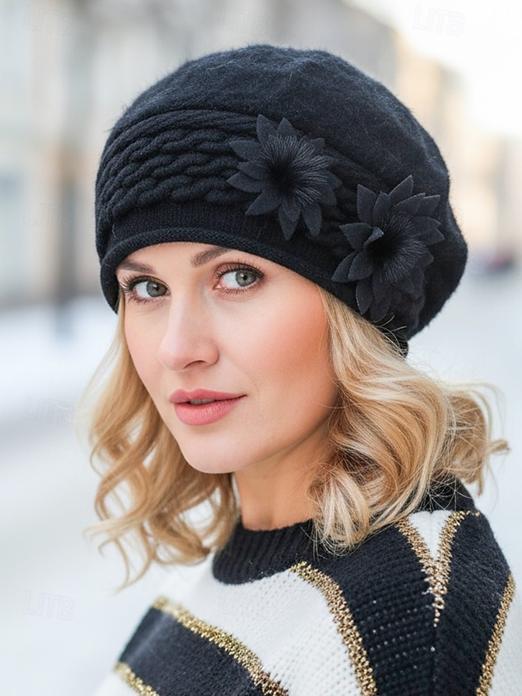 Dame vinterberet med 3D-blomster – mykt fuskepelsmateriale med fleecefôr, stilig strikkedesign, tilgjengelig i flere farger, perfekt for kaldt vær og høytidsklær 2025 - $14.99 –P4