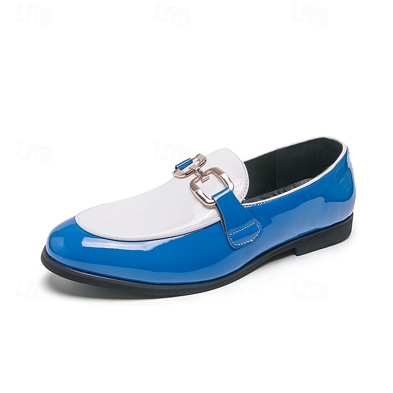 Herrloafers i vitt och blått i lack med metallspänne – trendiga skor för semiformella sammankomster och fester 2026 - $54.99 –P1