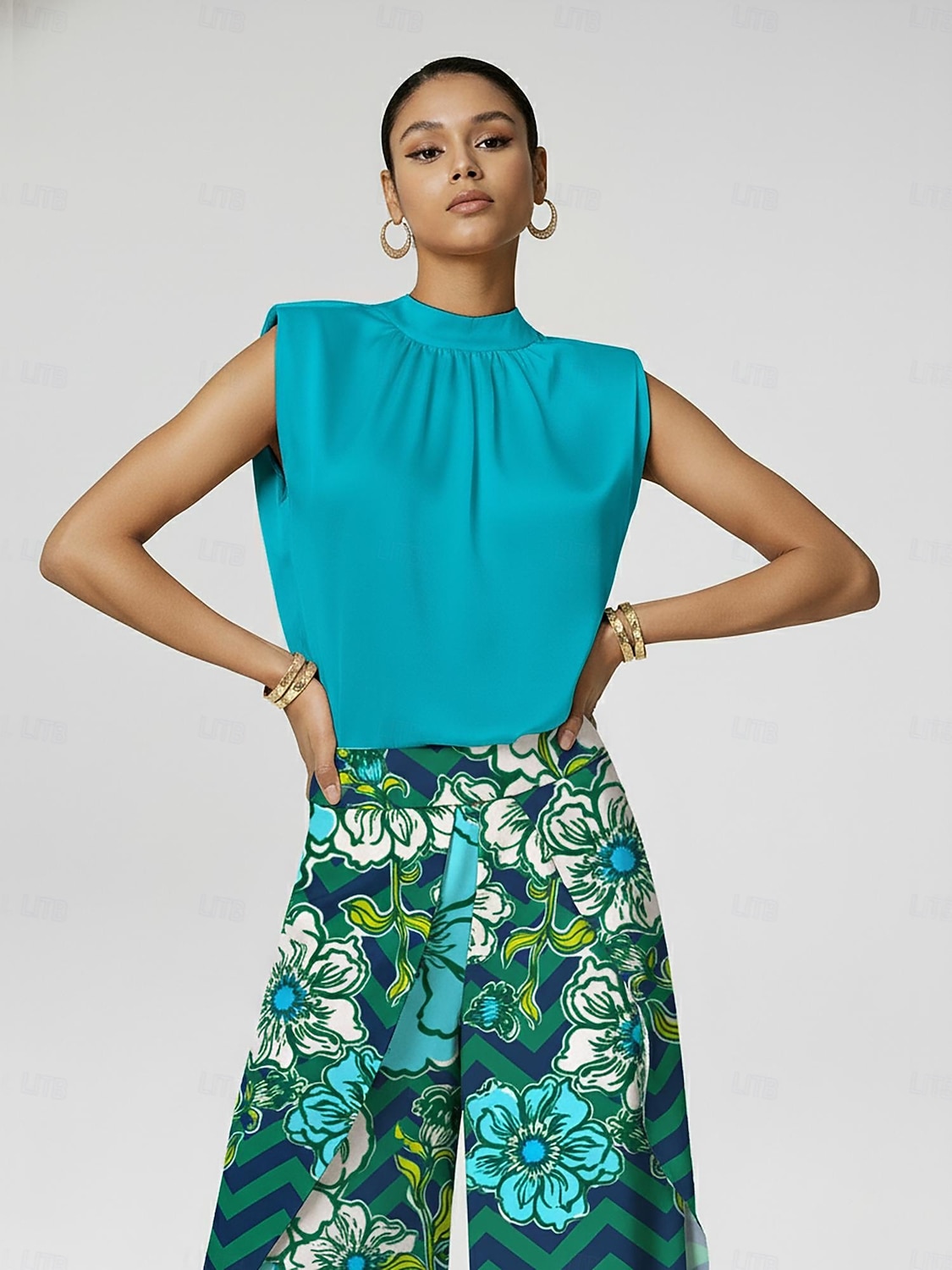 ärmlös topp med vida axlar och stående krage i satin, avslappnad semester 2026 - $56.99 –P2