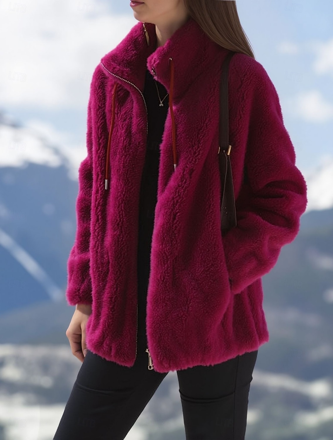 Dam Vinterkappa Teddyrock Håller värmen Bekväm Snörning Dragkedja Elegant Plysh Ledigt Ensfärgat Hem Ledigt Kort Hög krage Normal Långärmad Ytterkläder Rubinrött Purpur Grön Vår Höst 2026 - $25.99 –P1
