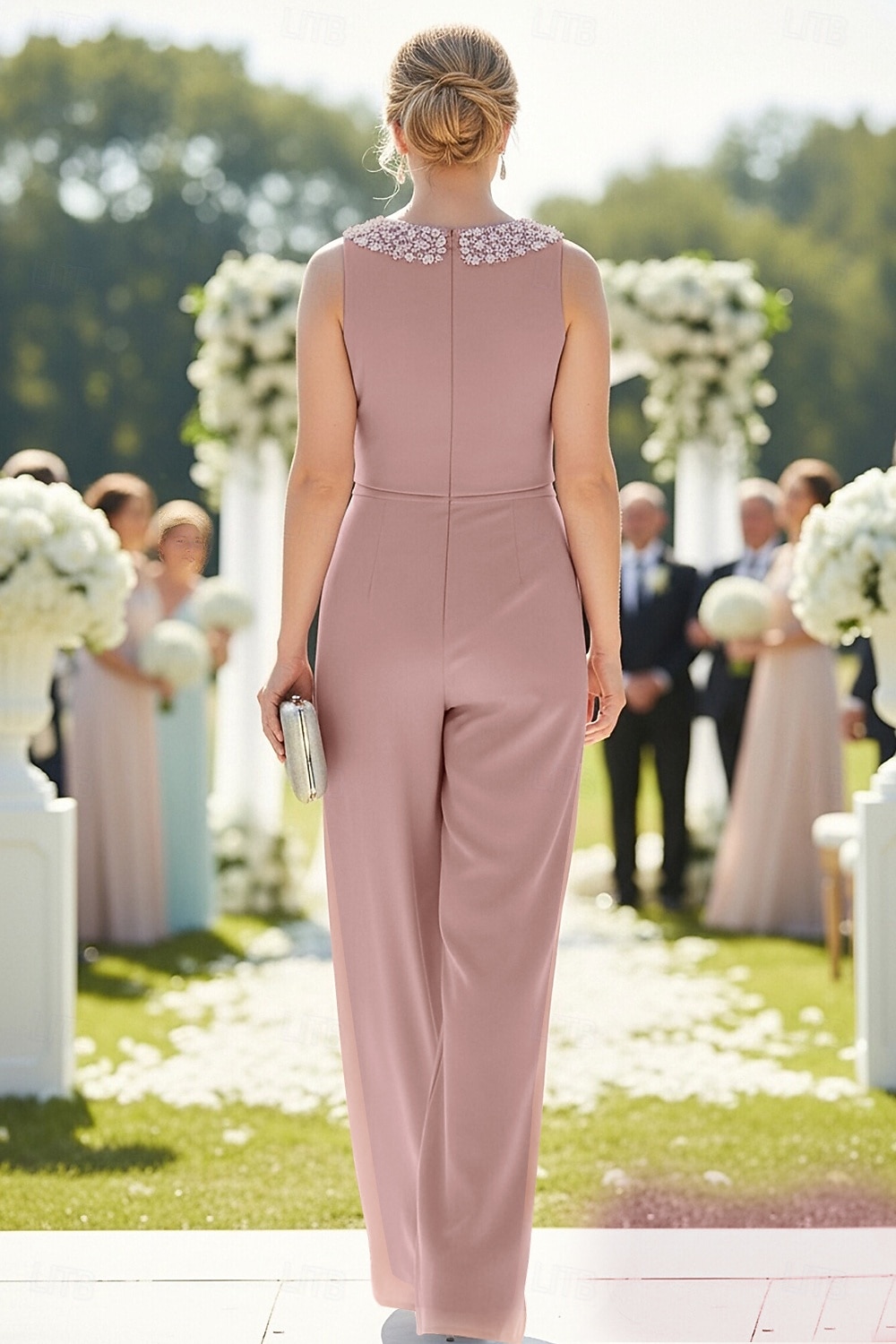 3 Piece Pantsuit Floor Length Mother of the Bride Dress Sleeveless Long Sleeve Crew Neck Elegant Formal Wedding Guest Chiffon Satin with Pleats Beading 2026 - $195.99 –P4
