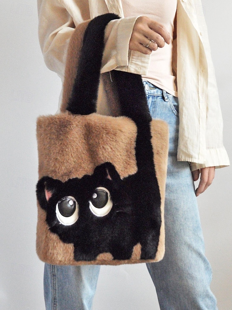 damska pluszowa torba typu tote z motywem kociej buzi, dostępna w wielu kolorach, z miękkiego futerka, o uroczym i zabawnym designie, idealna na niezobowiązujące wyjścia i jako prezent 2026 - $18.99 –P4