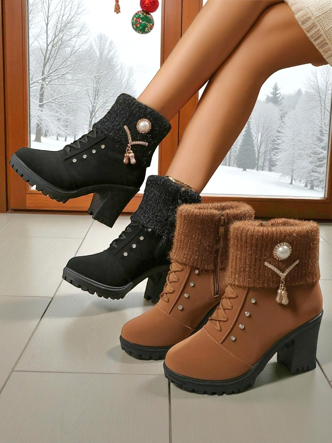 Botas femininas marrons de cano curto com salto alto – botas de inverno de couro sintético com cadarço, punhos de tricô e detalhes em pérola, perfeitas para o Natal e looks do dia a dia. de 2026 por $34.99 –P1