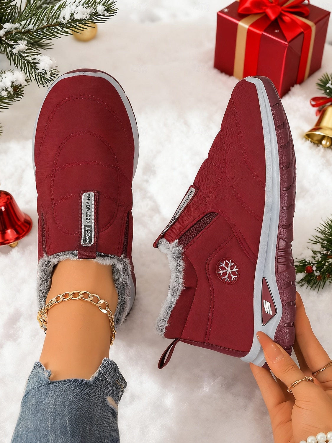 Sneakers invernali da donna in caldo pile foderate in bordeaux - comode scarpe da esterno comode e impermeabili slip-on per il freddo e i viaggi di Natale del 2026 a $24.99 –P3