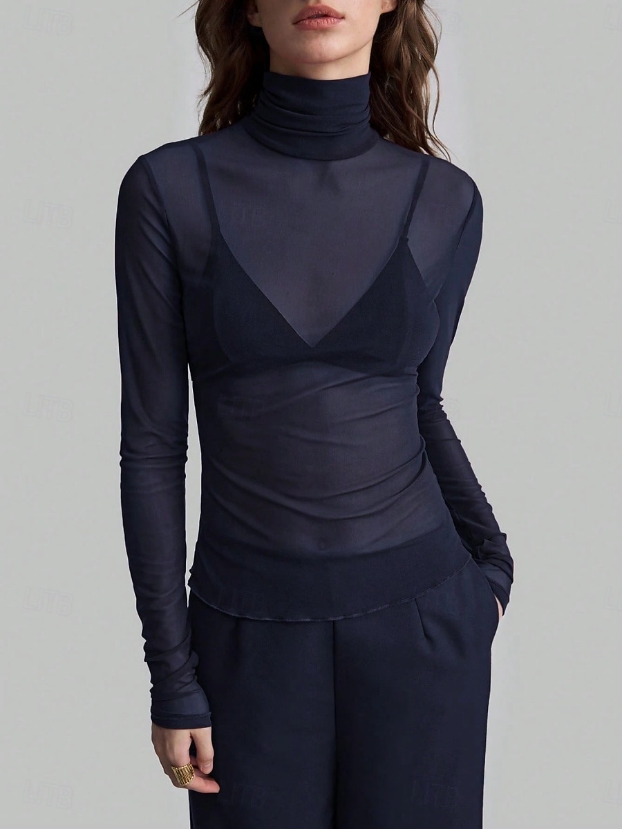 Dames Blouse Lapwerk Netstof Effen Kleur Elegant Stijlvol Basic Lange mouw Coltrui Normale tops Dagelijks Grijs-Groen Zwart Wijn Marineblauw Bruin Zomer Lente Herfst 2026 - $21.99 –P5