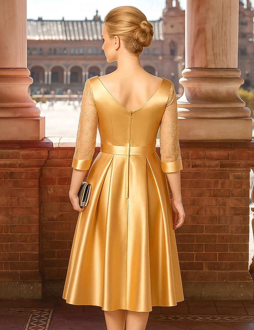 A-Line Te Lengde Festkjole Cocktailkjole Bryllupsgjesterkjole Mor til bruden kjole 3/4 Lengde Ermekraft Crew Neck Elegant Vintage Fest med Blonder Folds 2026 - $91.99 –P3