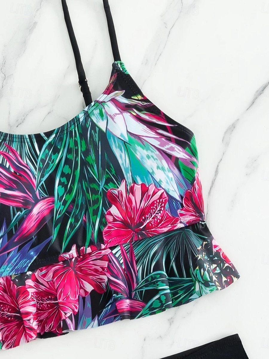 Dámský tankini 2-dílný plavecký úbor s řasením palm šortky kontrola břicha vysoký pas štíhlé bez zad dovolená plážové oblečení květinový kulatý výstřih bez rukávů 2026 - $24.99 –P2