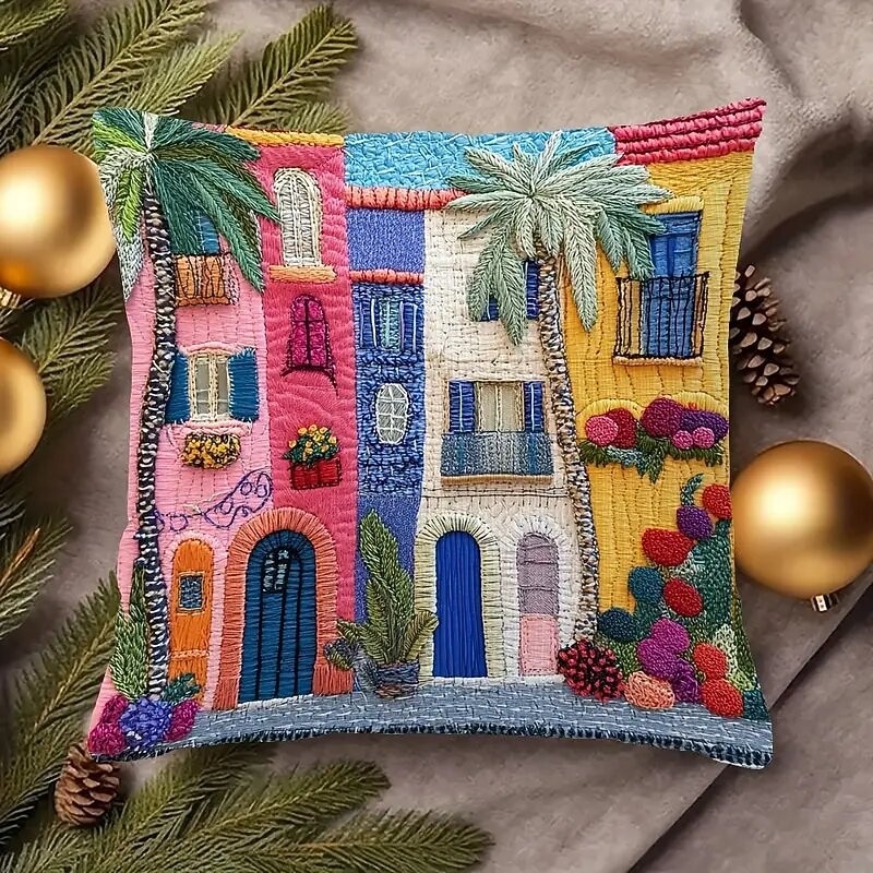 Mediterranean Style Pillow Cover with 2D Flat Print Single-Sided Colorful Town Scene Plants and Flowers Decorative Cushion Case for Sofa Living Room Home 2026 - $9.99 –P1