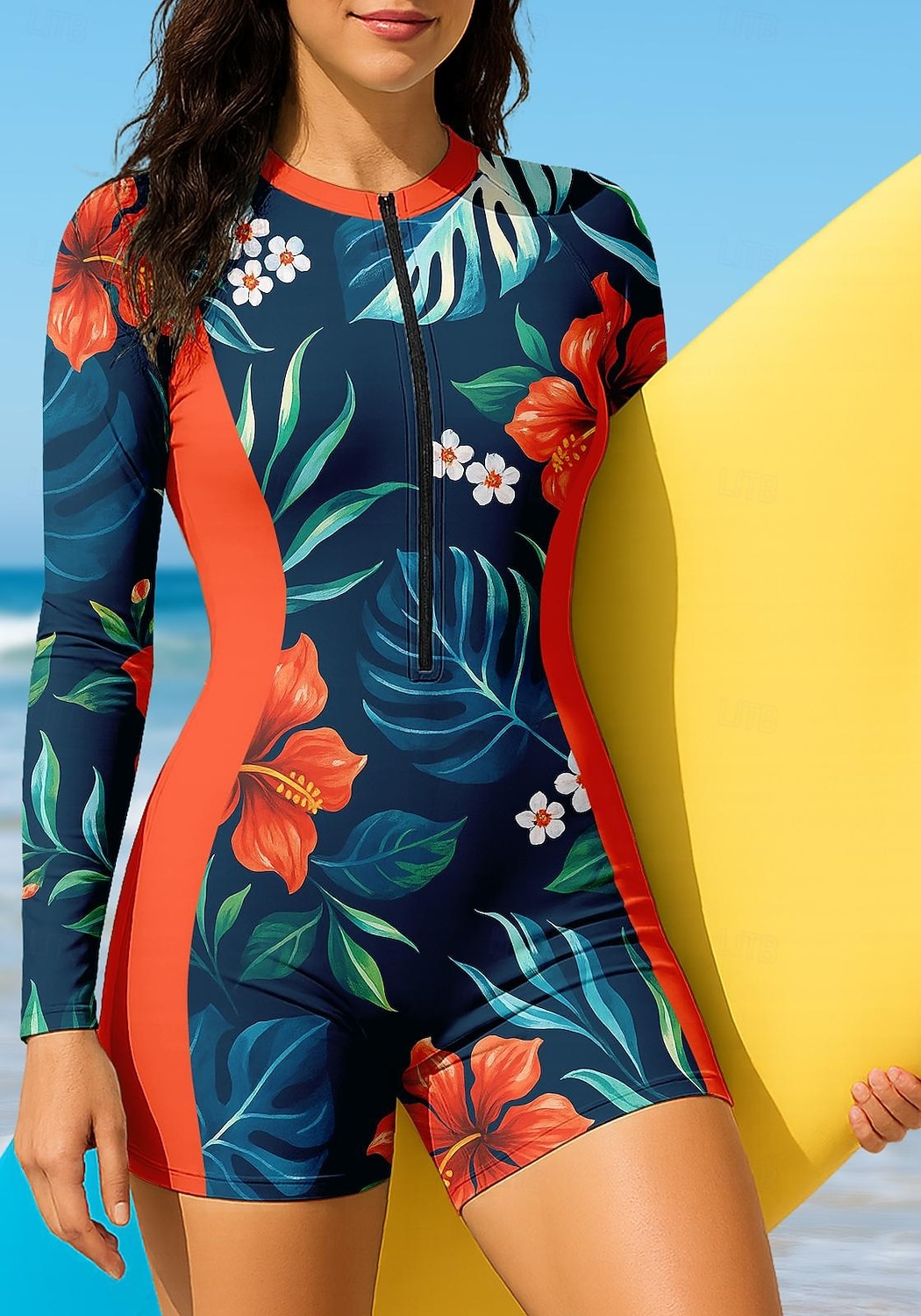 Per donna Top sottomuta Costume da bagno Boyleg Floreale Con zip Imbottitura rimovibile Cerniera Frontale Protezione Solare UV UPF50+ Ultra Leggero (UL) Manica Lunga Costume da Bagno Top sottomuta del 2026 a $35.99 –P3