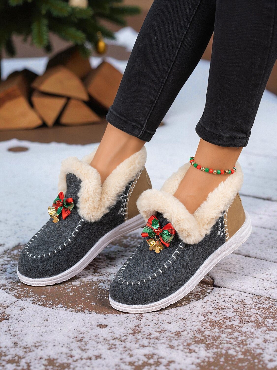 cute winter dress shoes Women's Christmas Winter Warm Plush Fur Shoes – Cute Bow and Bell Detail,  Ideal for Indoor Comfort, Holiday Morning Gift Exchange and Winter Wear  2026