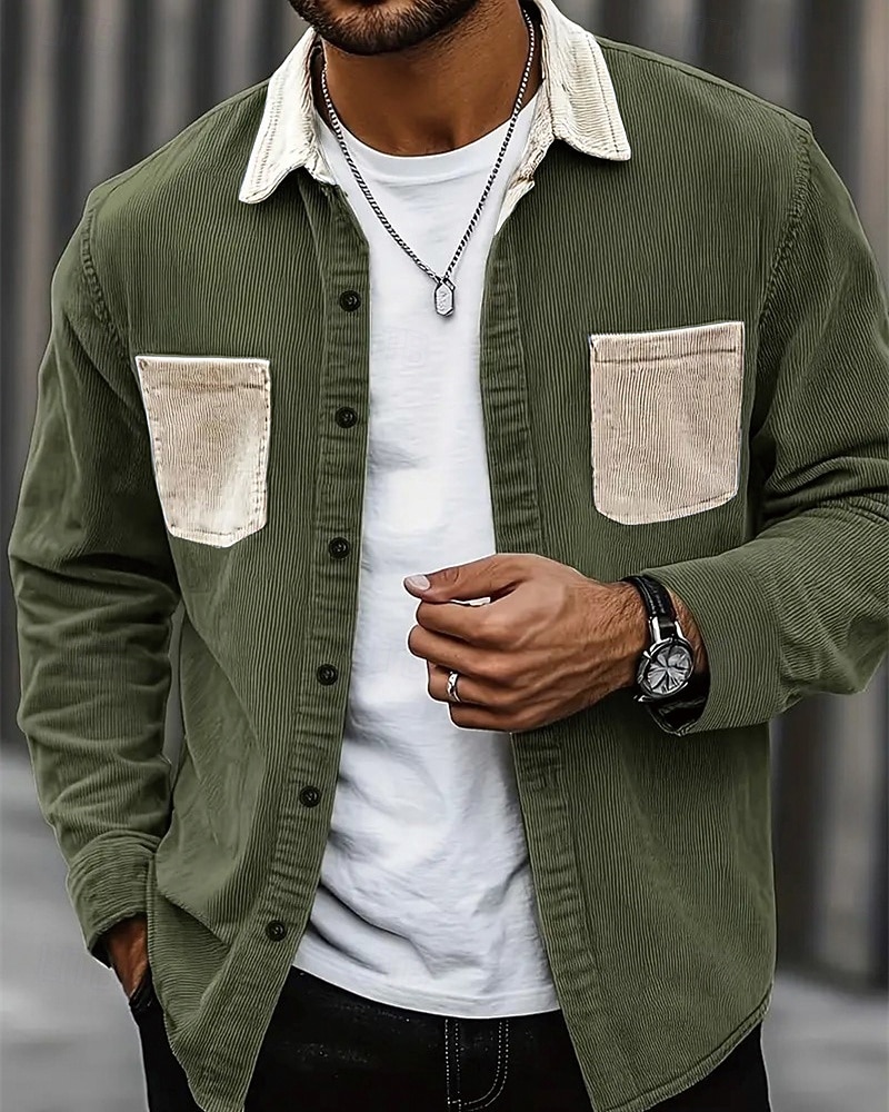 Per uomo Camicia Camicia casual Camicia di Velluto a Coste Camicia con Bottoni Blu Nero Verde militare Grigio Manica Lunga Blocco di colori Collo ripiegato Vacanza Casuale Tasche Multiple del 2026 a $25.99 –P2