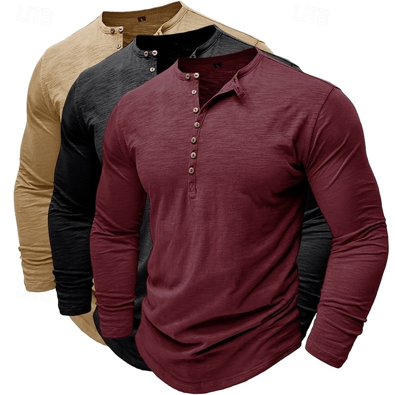 3er-Pack Henley-Shirts für Herren, langärmlig, einfarbig, modisch, lässig, für Alltag und Freizeit, 3er-Pack, Henley-Shirts in Blau, Weiß und Schwarz, ideal für Sommer und Frühling, 2026 - $62.99 –P9