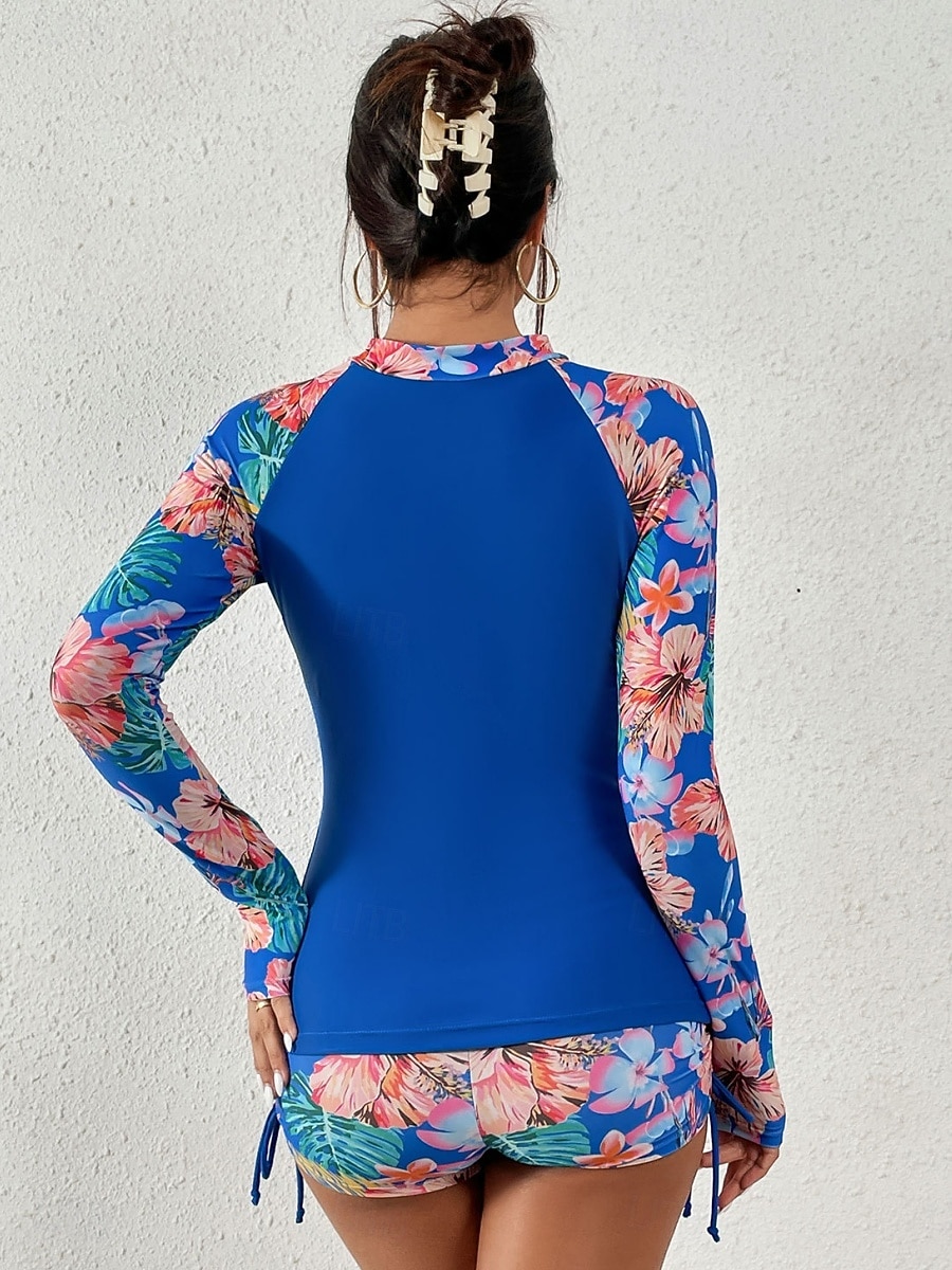 Maiô Tankini Feminino 2 Peças Short Controle de Barriga Cintura Alta Slim Costas Descobertas Roupas de Praia de Férias Floral Folhas Decote Alto Com Mangas Longas de 2026 por $36.99 –P8