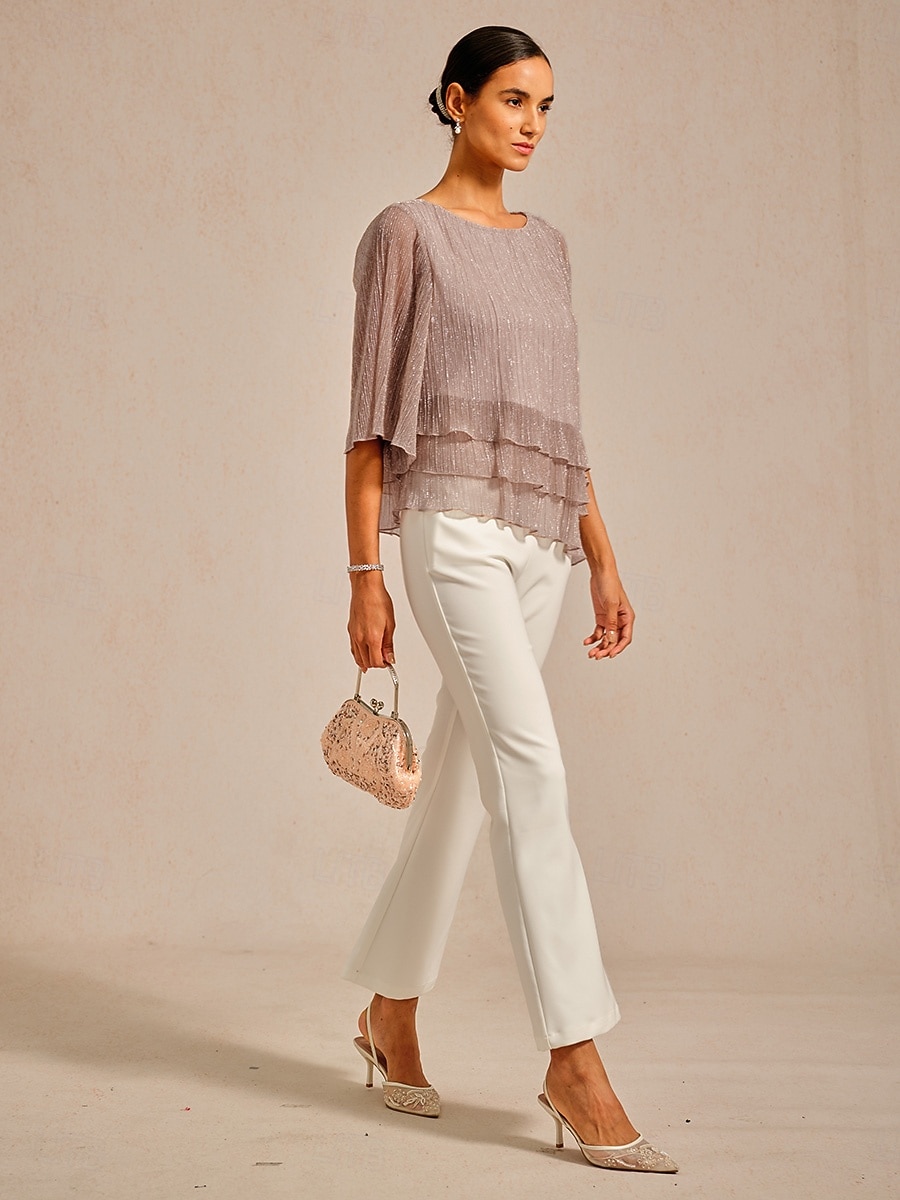 Dames Blouse Chiffon-topjes Kanten topjes Met ruches Schitteren Effen Kleur Elegant 3/4 mouw Strakke ronde hals Bruiloft gast Feestdagen Blozend Roze Zomer Lente Herfst 2026 - $59.99 –P8