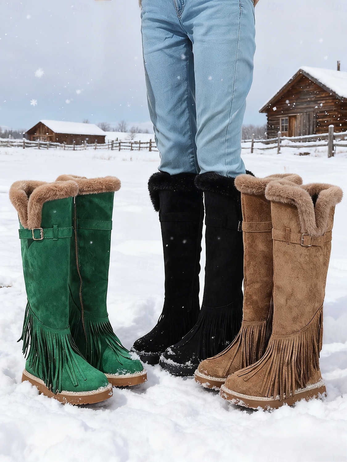 Women's Green Fringe Faux Suede Snow Boots with Fur Lining – Stylish Knee-High Winter Boots Footwear for Cold Weather, Snow and Outdoor Adventures 2026 - $69.99 –P6
