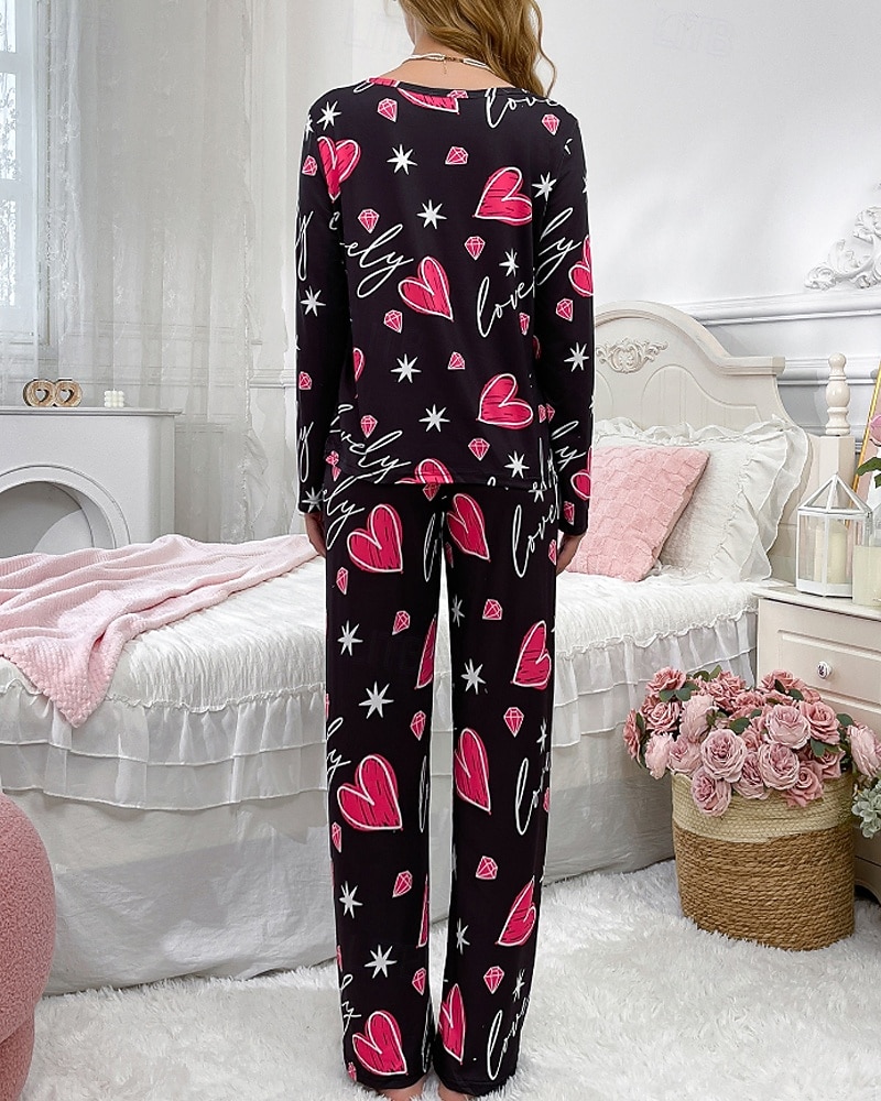 Damen Schlafanzug Freizeitkleidung Schlafanzug Set Lässig Herz Satin-Seidenpyjamas Elastischer Bund Hose Täglich Heim Urlaub Langarm Rundhalsausschnitt Fuchsie Herbst Winter Lässiger Schnitt 2026 - $27.99 –P6