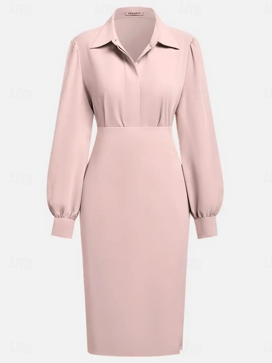Per donna Abito Midi Abito aderente Abiti semi formali Ufficio Vestibilità regolare Semplice Manica Lunga Colletto a Camicia Nero Rosa Beige Grigio Primavera Autunno del 2026 a $33.99 –P10