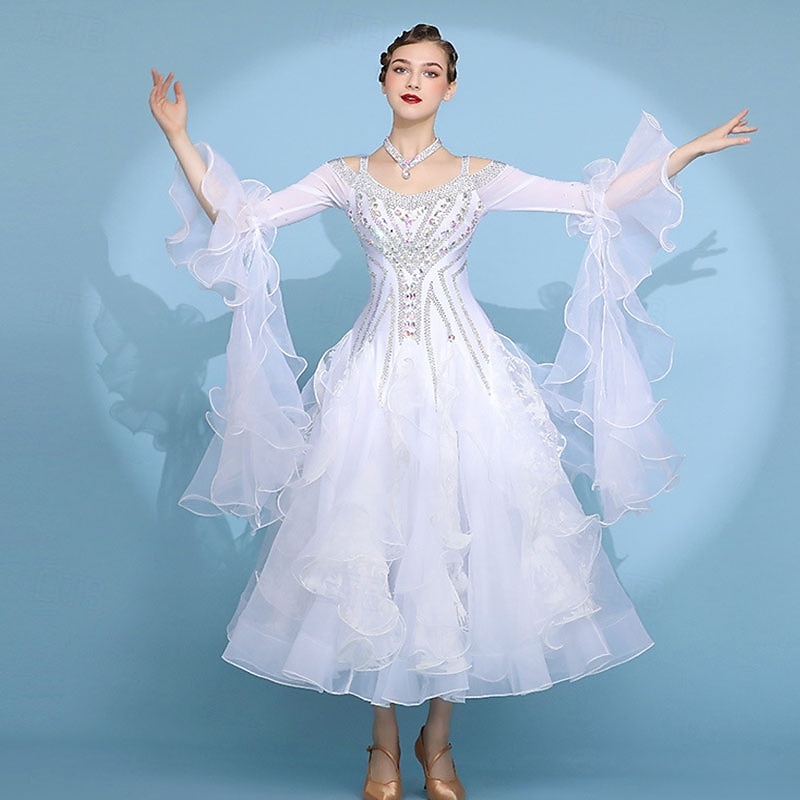 Ballroom Dance Dress Pleats Splicing Crystals / Rhinestones Women's Performance Training Long Sleeve High Spandex Mesh 2026 - $895.79 –P4