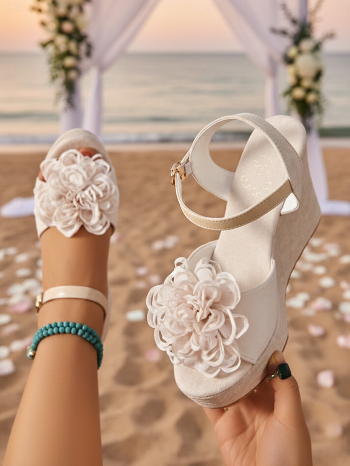 sandali con zeppa da donna - tacchi a spillo con cinturino alla caviglia floreale, scarpe da sposa romantiche perfette per matrimoni in spiaggia e cerimonie estive del 2026 a $26.99 –P3