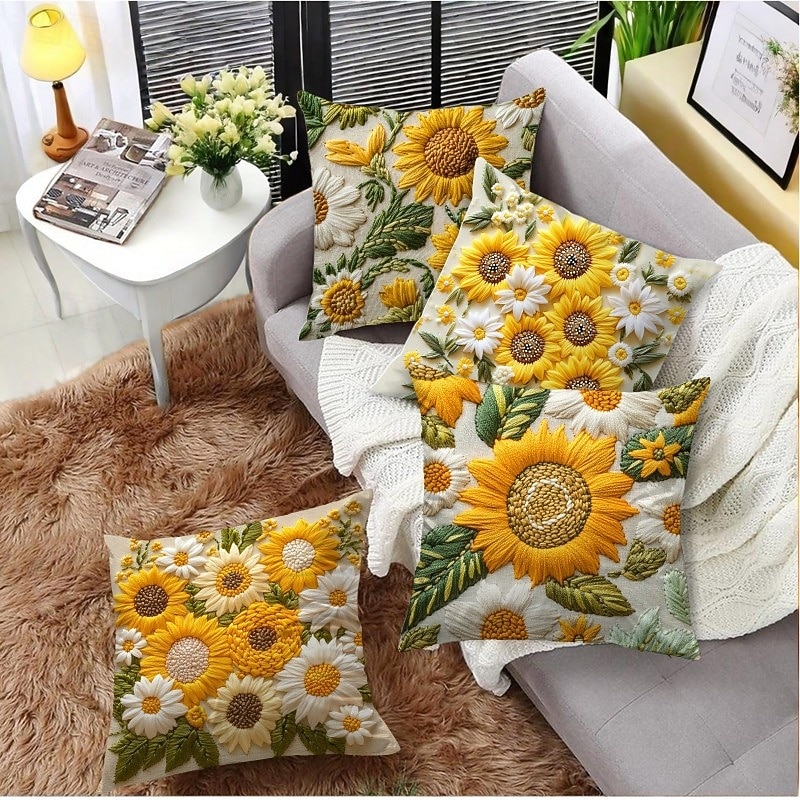 Dekorativt örngott i vintagestil med solrosmotiv, 2D-tryck, mjukt polyestertyg med kuddfodral och fuskbroderi, perfekt för vår- och sommarsoffdekorationer i vardagsrummet 2026 - $9.99 –P1
