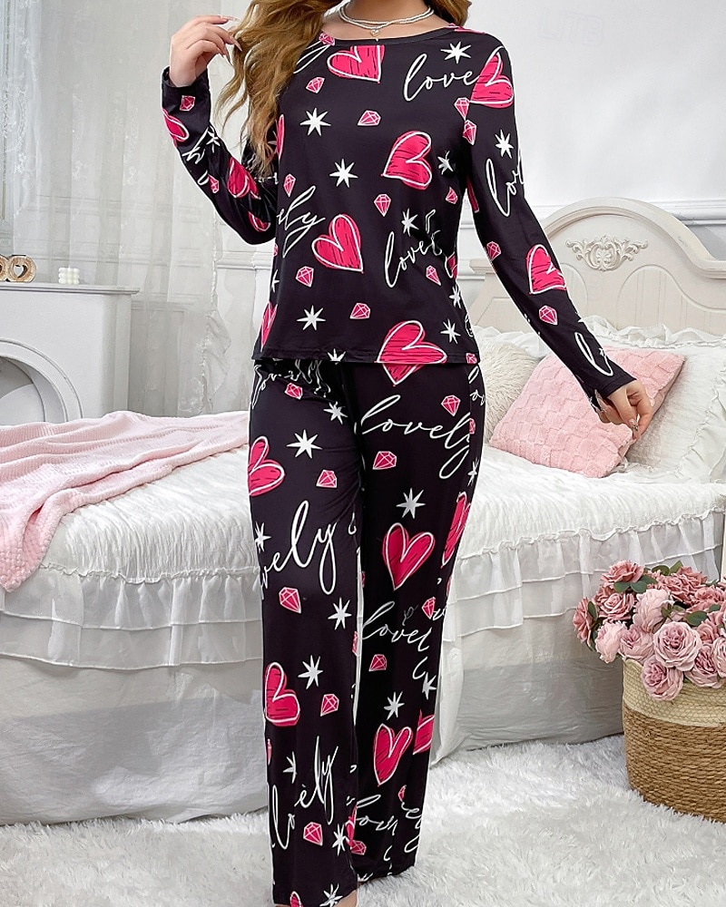Damen Schlafanzug Freizeitkleidung Schlafanzug Set Lässig Herz Satin-Seidenpyjamas Elastischer Bund Hose Täglich Heim Urlaub Langarm Rundhalsausschnitt Fuchsie Herbst Winter Lässiger Schnitt 2026 - $27.99 –P2