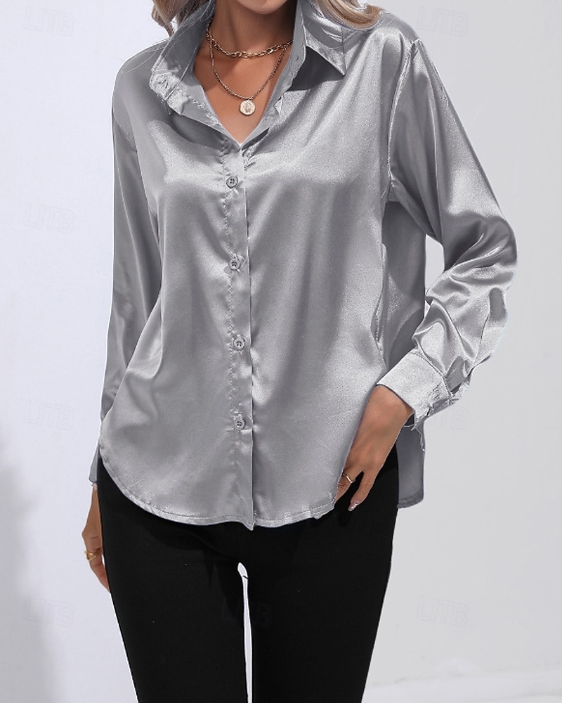 Femmes Chemise Elegant Haut en satin Chemisier Boutons Uni Élégant ancien manche longue Col de chemise Hauts Réguliers Fête Sortir Jaune Rouge Bleu Roi Rose Gris Été Printemps de 2026 ? $25.99 –P8