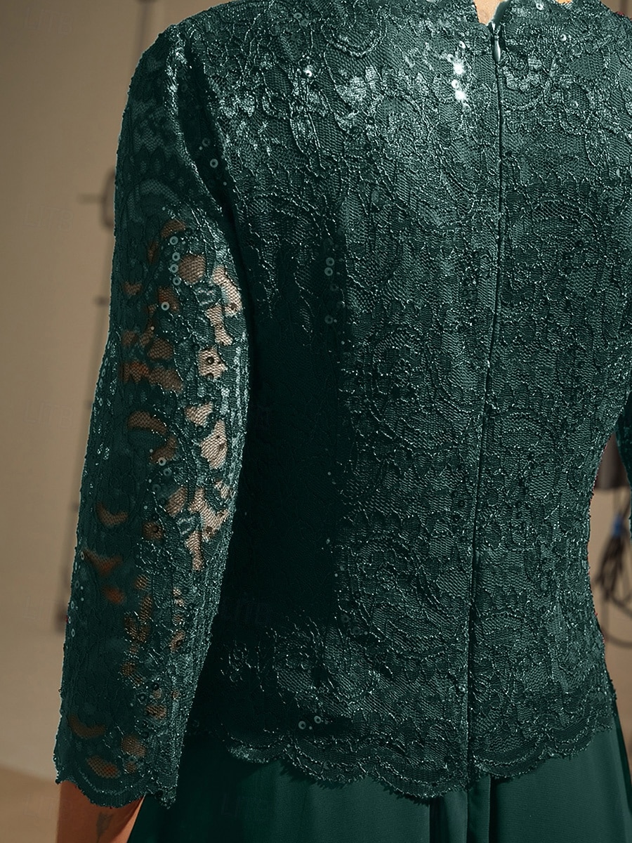 Women's Maxi Dress Chiffon Dress Elegant Evening Party Wedding Guest Sequins Lace Regular Fit Solid Color 3/4 Length Sleeve Crew Neck Emerald Green 2026 - $91.99 –P3