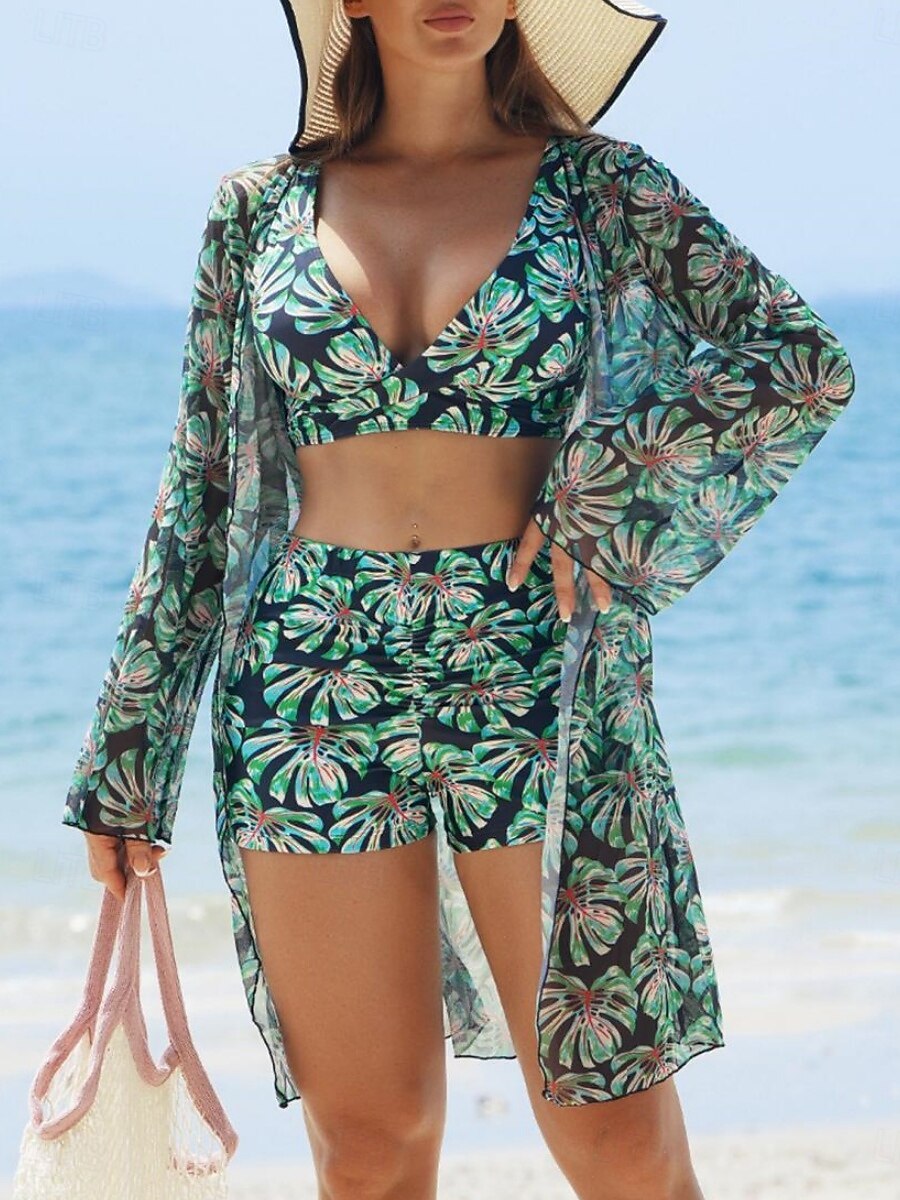 Damskie Stroje kąpielowe Bikini Trzyczęściowy Krótkie spodnie Kostium kąpielowy Szczupła Odkryte plecy Urlop Stroje plażowe Kwiaty Liście W serek Bez rękawów Kostiumy kąpielowe 2026 - $31.99 –P1