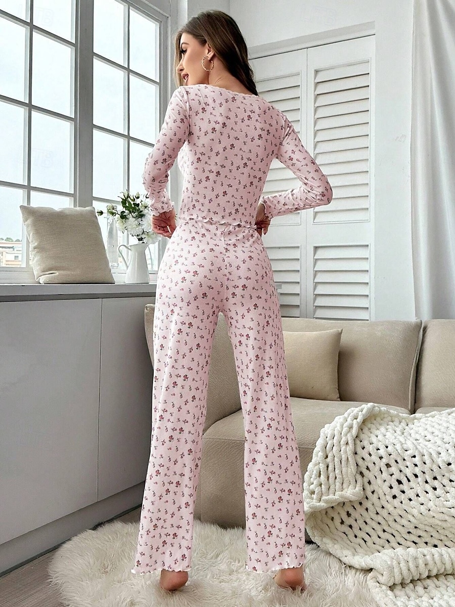 Dame Pyjamas Sett Fritid Komfort Blomstret Elastisk midje Bukse Hjem Daglig Langermet U-hals Hvit Gul Rosa Lilla Vår Høst Normal 2026 - $21.99 –P5
