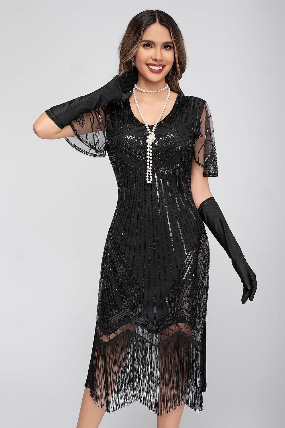 Goldene Zwanziger 1920er Knielang Flapper Kleid Kurze Ärmel Der große Gatsby Pailletten Fransen V Ausschnitt Kostüm Damen Weihnachten Karneval Flüsterkneipe Maskerade Retro-Mottoparty Erwachsene 2026 - $45.99 –P9