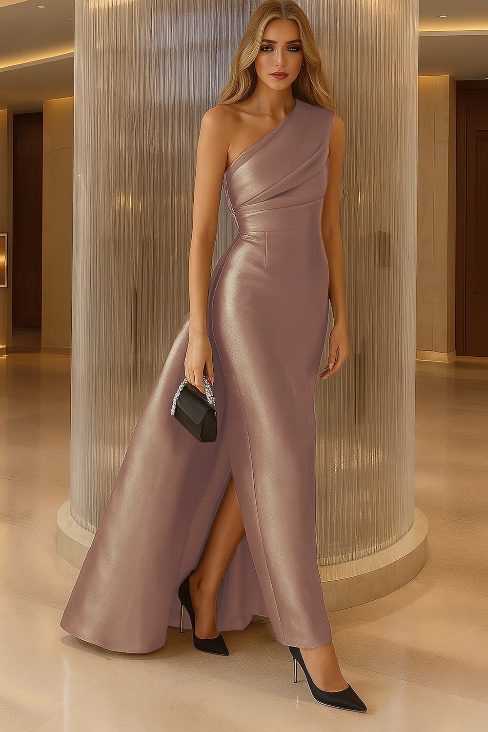 Mermaid Trumpet Floor Length Evening Gown Elegant Glittering Celebrity Style Sleeveless One Shoulder Garden Party Wedding Satin with Pleats Ruched Overskirt 2026 - $172.99 –P3