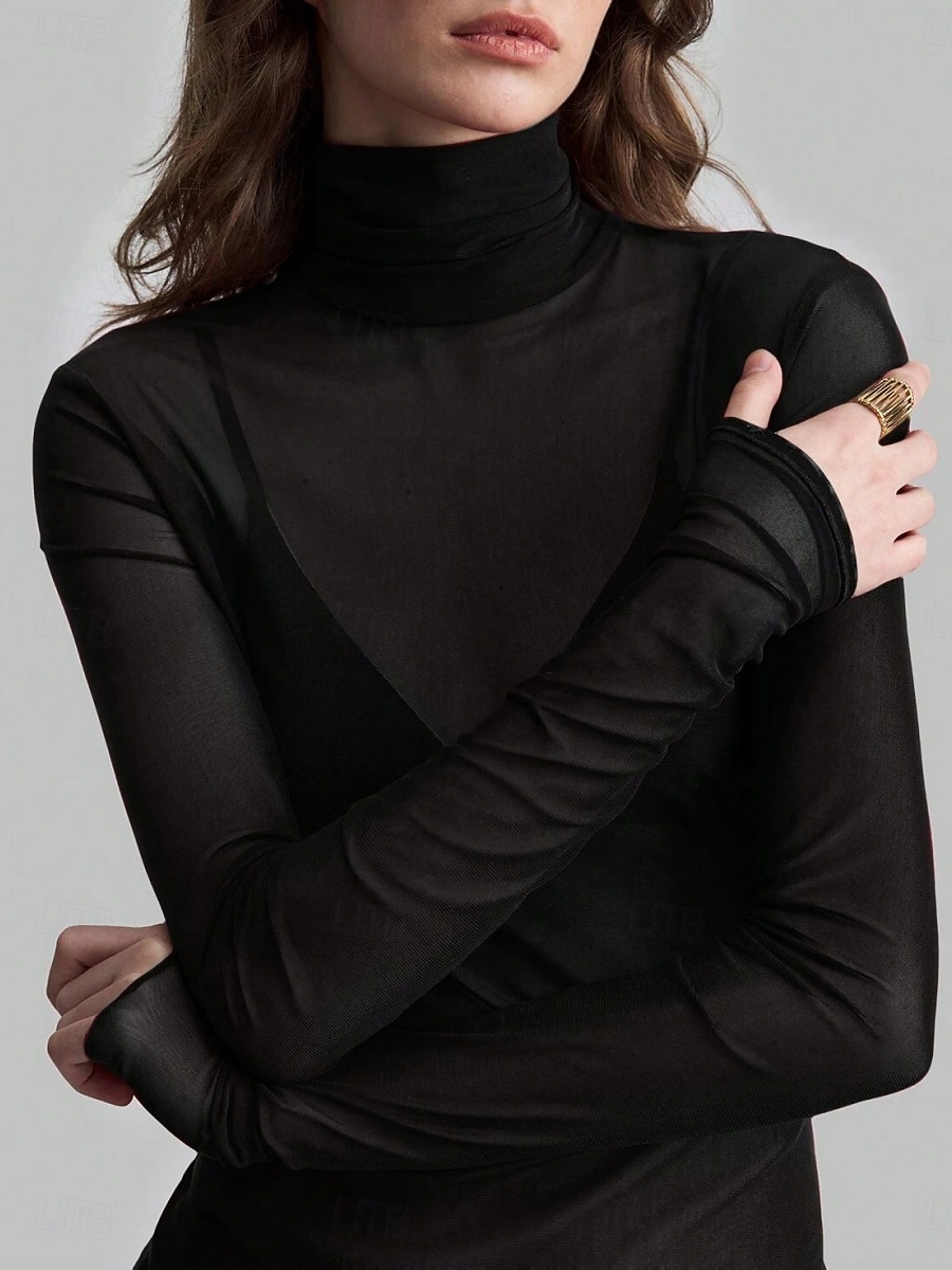Dames Blouse Lapwerk Netstof Effen Kleur Elegant Stijlvol Basic Lange mouw Coltrui Normale tops Dagelijks Grijs-Groen Zwart Wijn Marineblauw Bruin Zomer Lente Herfst 2026 - $21.99 –P3