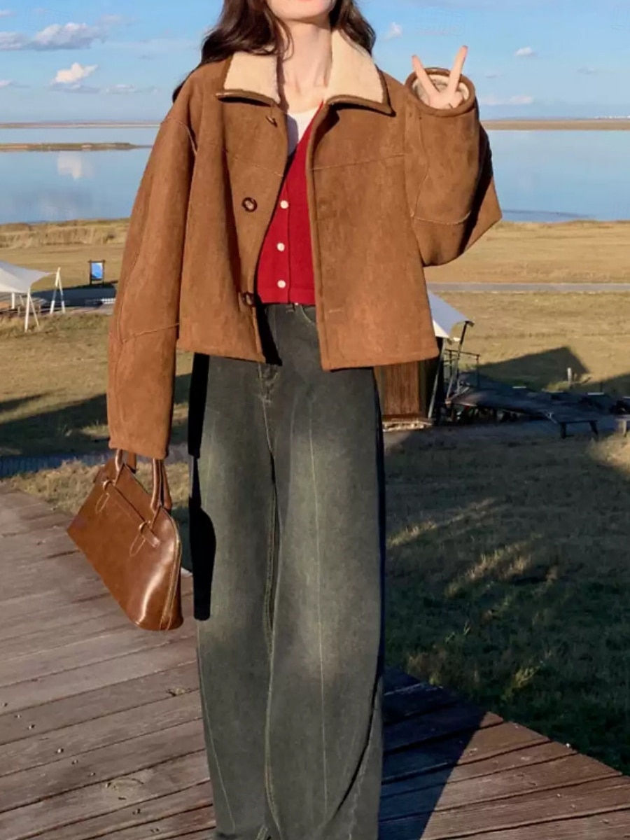 Naisten Talvitakki Rento takki Mukava Hengittävä Napit Vapaa-aika Tavallinen Loma Katu Kausaliteetti Arki-asut Yksirivinen Lyhyt Sänkyjen avaus Loose Fit Pitkähihainen Päällysvaatteet Kahvi Kevät 2026 - $41.99 –P4