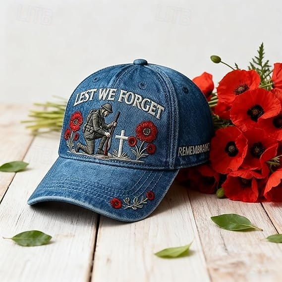 Cappello commemorativo "Lest We forget", berretto ricamato con fiori di papavero per veterani, tributo militare ed eroi caduti. del 2026 a $21.99 –P6