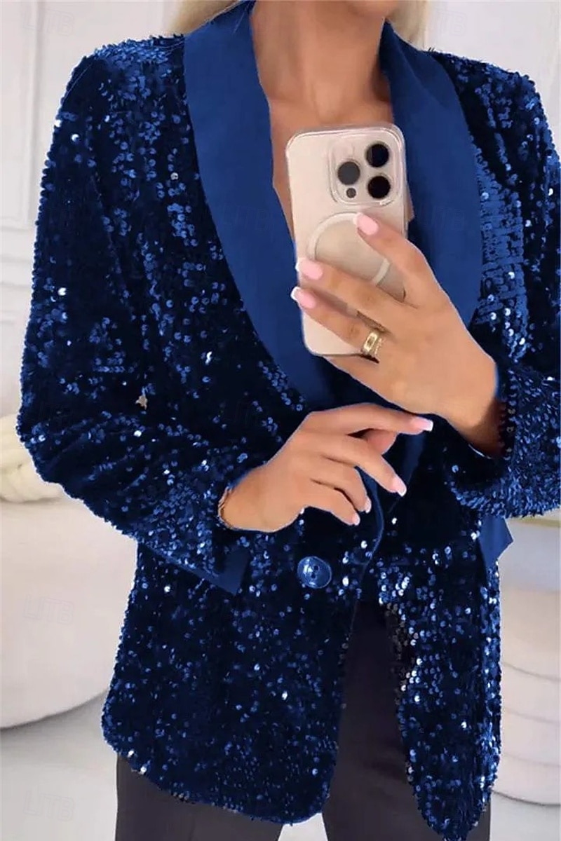 Damen Blazer Freizeitjacke Bequem Pailletten Mode Lässig Einfarbig Party Straße Alltagskleidung Ausgehen Regulär Gekerbtes Revers Normale Passform Langarm Oberbekleidung Blau Schwarz Rote Herbst 2026 - $35.99 –P7
