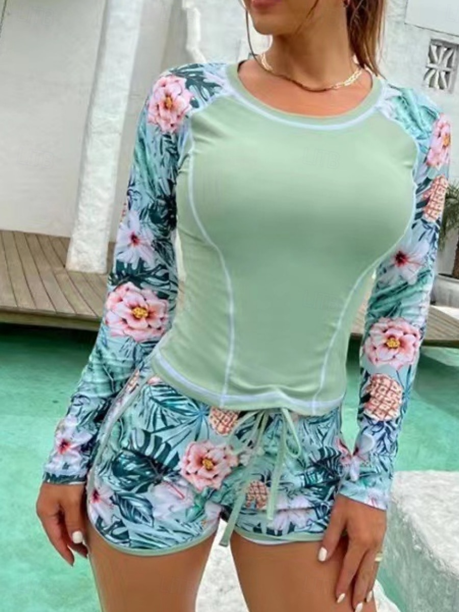 Costume da bagno 2 pezzi tankini da donna con palme pantaloni corti controllo della pancia alta vita slim senza schienale per vacanze in spiaggia floreale scollo rotondo maniche lunghe del 2026 a $27.99 –P10