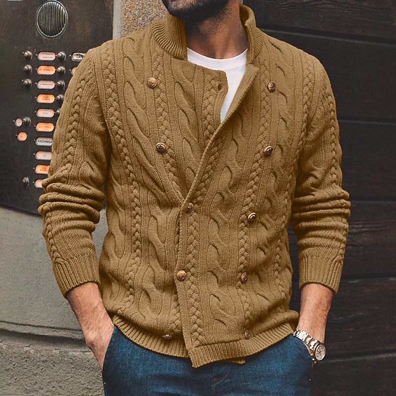 Voor heren Kabelgebreide trui Trui Vest Trui Kabel breien Normale tops Dichtknopen Gebreid Effen Opstaand Vakantie Modieus Casual Alledaagse kleding Kleding Lente & Herfst Herfst winter Zwart Paars M 2026 - $43.99 –P3