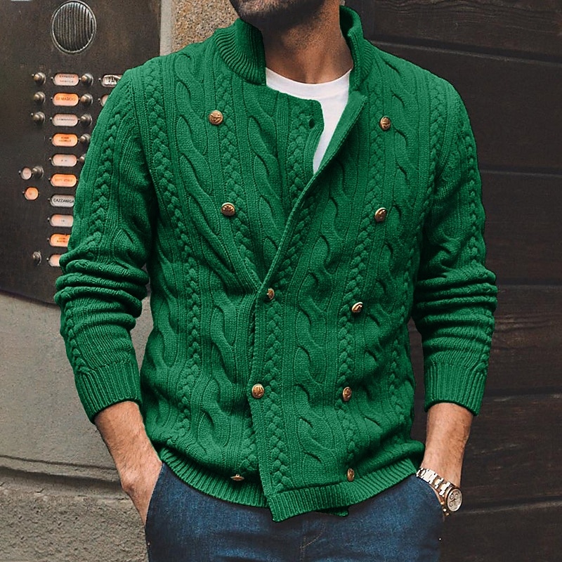 Voor heren Kabelgebreide trui Trui Vest Trui Kabel breien Normale tops Dichtknopen Gebreid Effen Opstaand Vakantie Modieus Casual Alledaagse kleding Kleding Lente & Herfst Herfst winter Zwart Paars M 2026 - $43.99 –P4