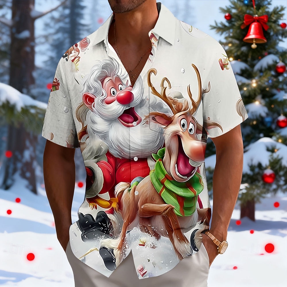 2026年 クリスマス 男性用 サンタクロース トナカイ 面白いクリスマス シャツ ボタンアップシャツ 半袖 おかしい 祝日 夏 春 折襟 3Dプリント 襟付きシャツ フロントポケット1つ ブルー ホワイト ルビーレッド パープル  コレクション – $26.99 –P1
