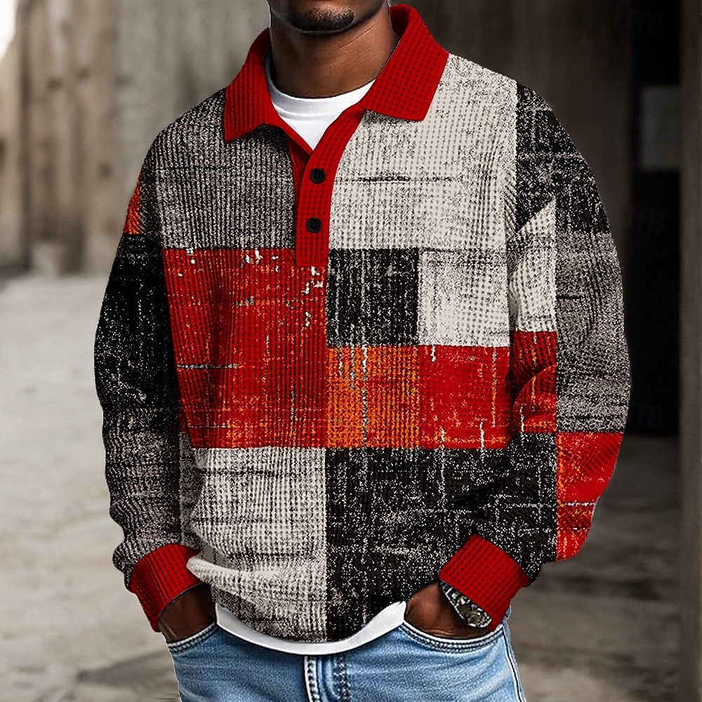 2026年 男性用 パッチワーク ポロ テクスチャード加工 長袖 ポロシャツ ラペル カジュアル 学校 アスレイジャー デイリーウェア 3Dプリント 春 秋 冬 ルビーレッド パープル グリーン  コレクション – $28.99 –P2