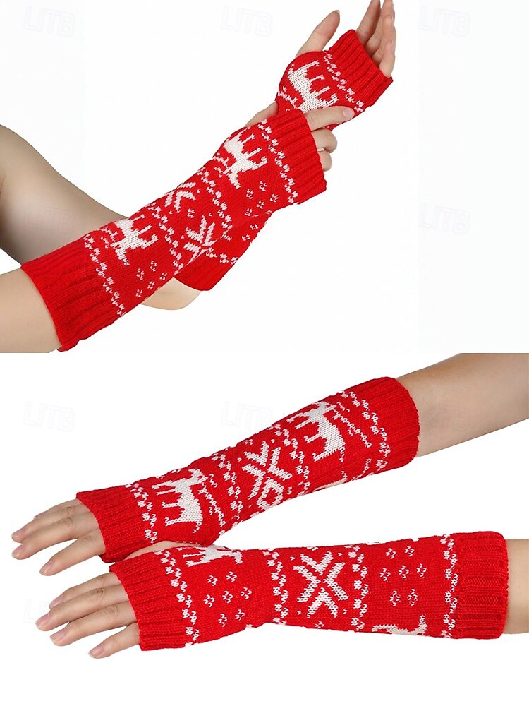 Stickade fingerlösa julvantar för kvinnor, röda och vita Fair Isle-renmönster, julvantar för vinterfester och festliga evenemang 2026 - $7.99 –P3